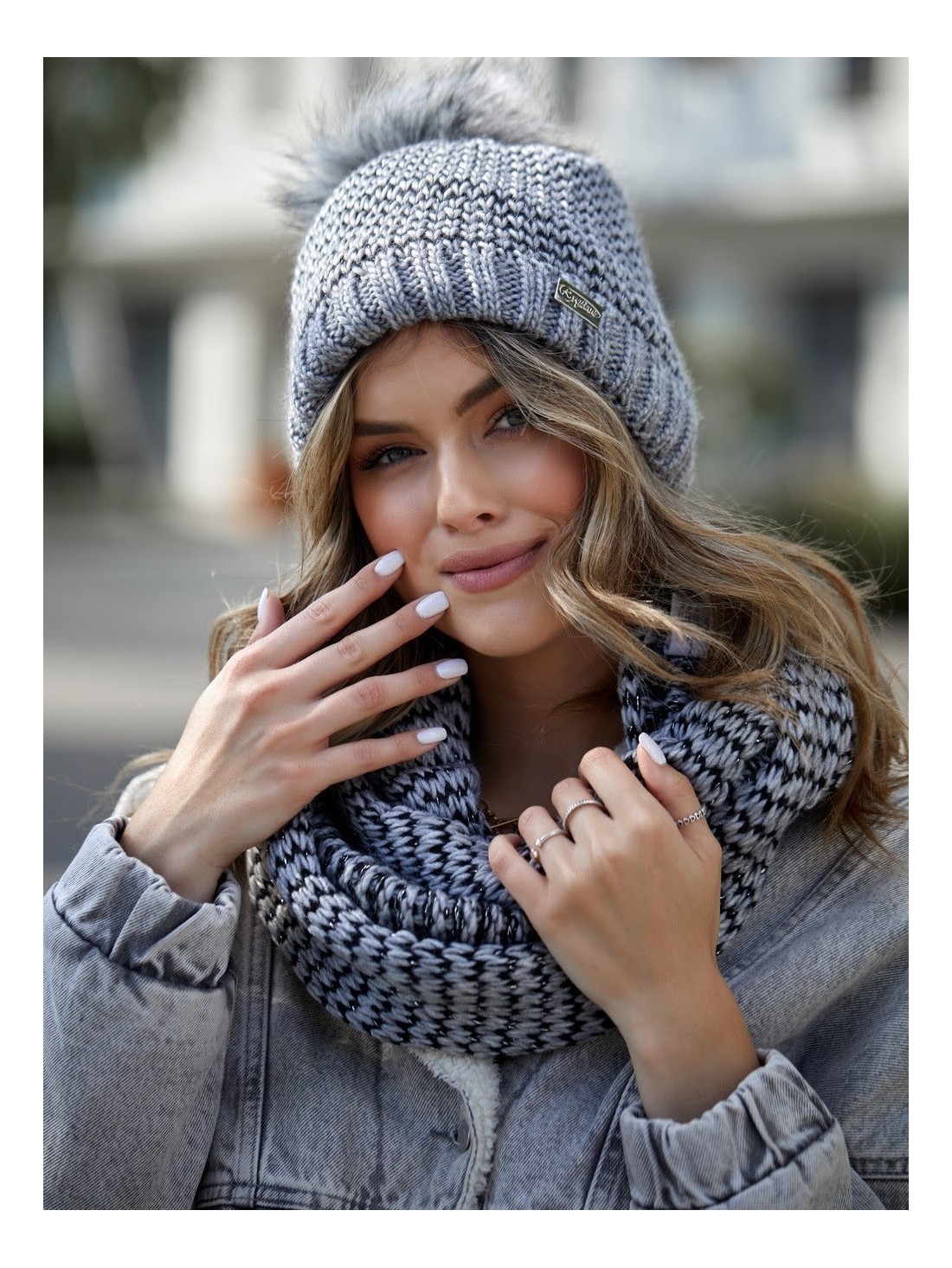 Herringbone winter hat set with snood, dark gray C45 - Online store - Boutique